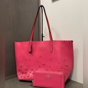 Coach Pink Flower-Embellished Tote with Matching Wallet